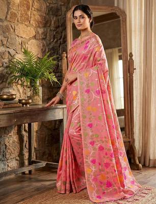 Pink color woven work linen cotton party wear saree with blouse 3