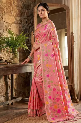 Pink color woven work linen cotton party wear saree with blouse