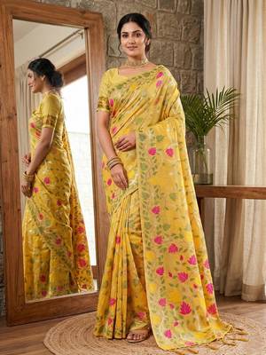 White color woven work linen cotton party wear saree with blouse 1