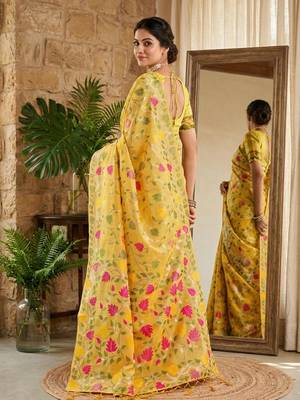 White color woven work linen cotton party wear saree with blouse 2