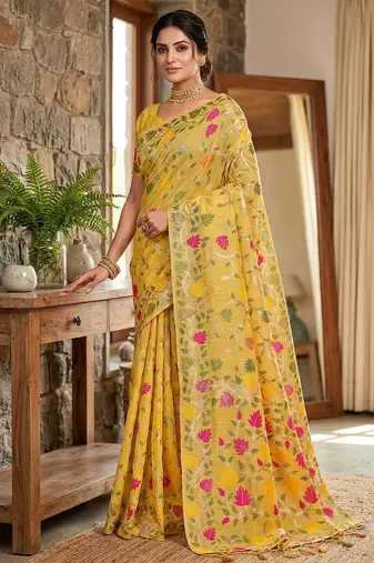 White color woven work linen cotton party wear saree with blouse