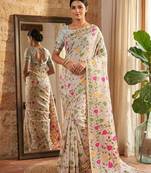Yellow color woven work linen cotton party wear saree with blouse