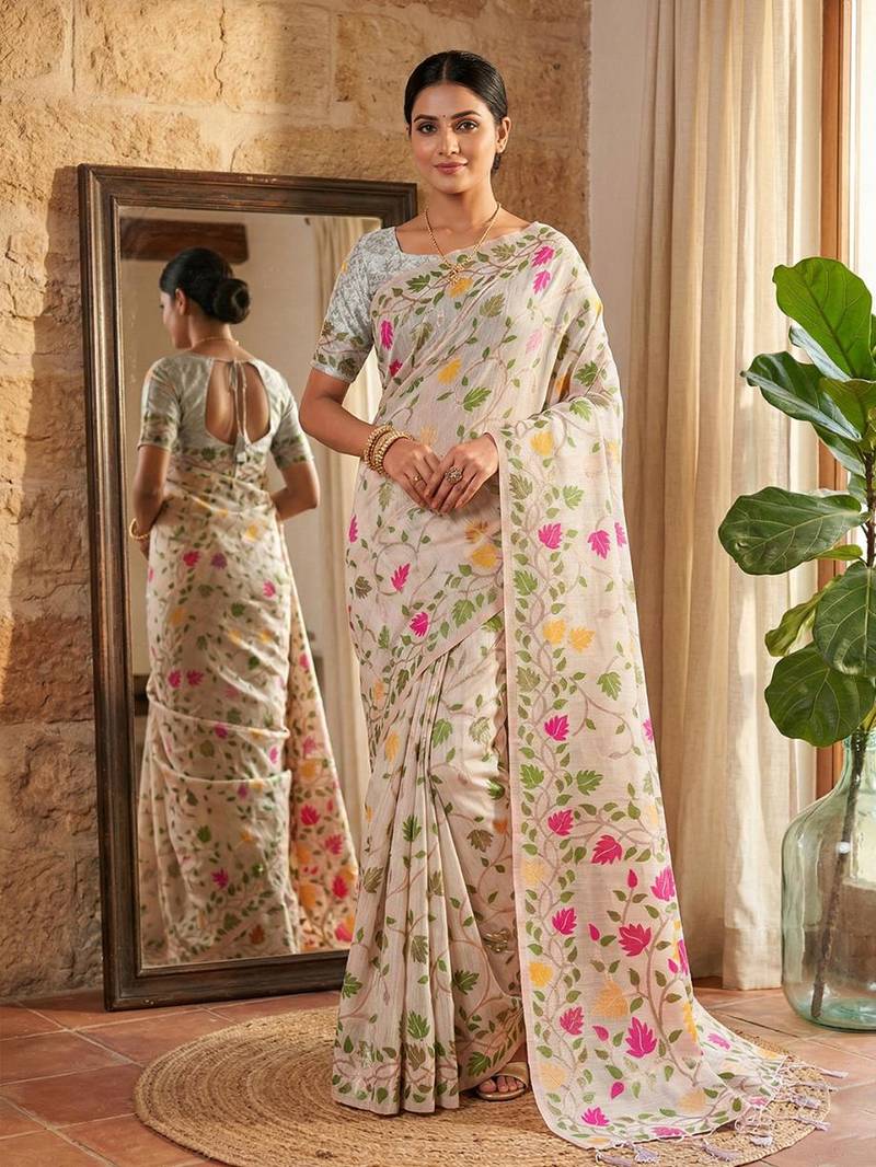 Yellow color woven work linen cotton party wear saree with blouse