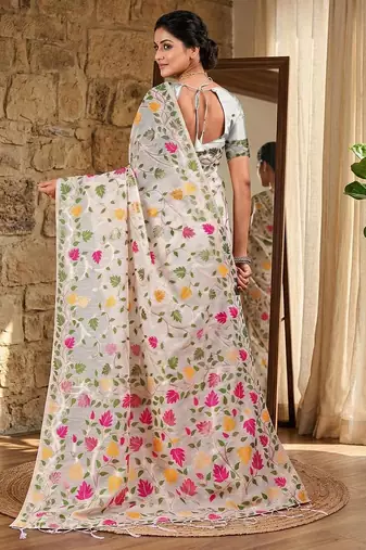 Yellow color woven work linen cotton party wear saree with blouse
