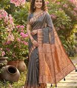 Grey color temple border zari woven linen cotton saree