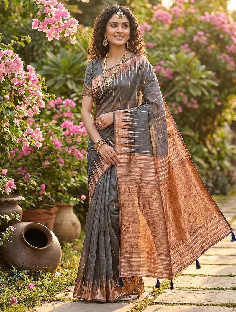 Grey color temple border zari woven linen cotton saree