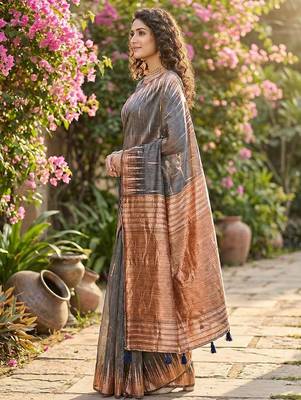 Grey temple border zari woven linen cotton saree 3