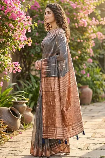 Grey color temple border zari woven linen cotton saree