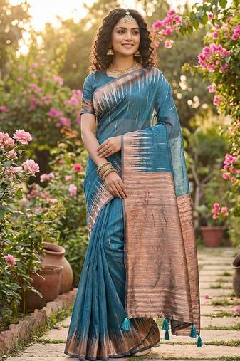 Blue color temple border zari woven linen cotton saree