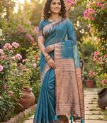 Blue color temple border zari woven linen cotton saree