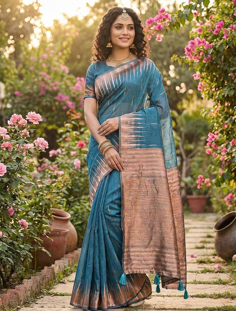 Blue color temple border zari woven linen cotton saree