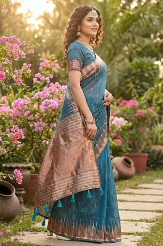 Blue color temple border zari woven linen cotton saree