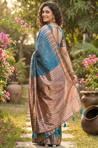 Blue color temple border zari woven linen cotton saree