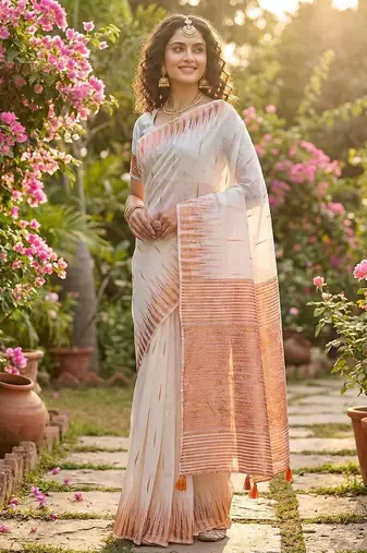 White color temple border zari woven linen cotton saree