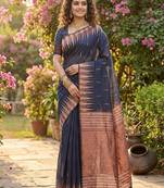 Navy blue color temple border zari woven linen cotton saree