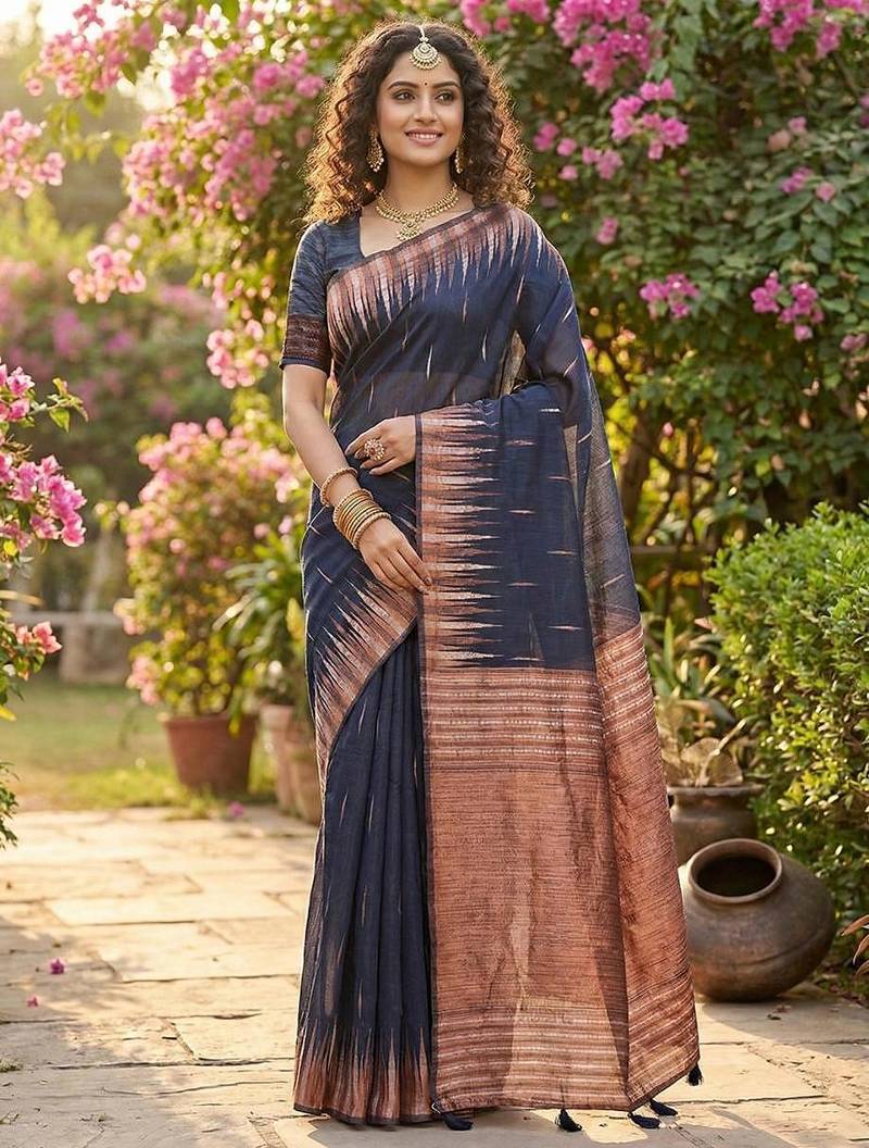 Navy blue color temple border zari woven linen cotton saree