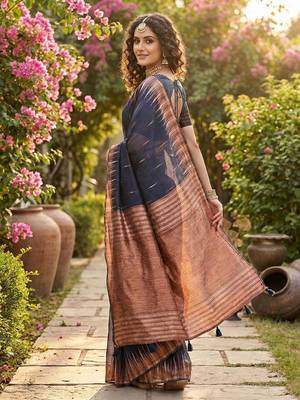 Navy blue color temple border zari woven linen cotton saree 2