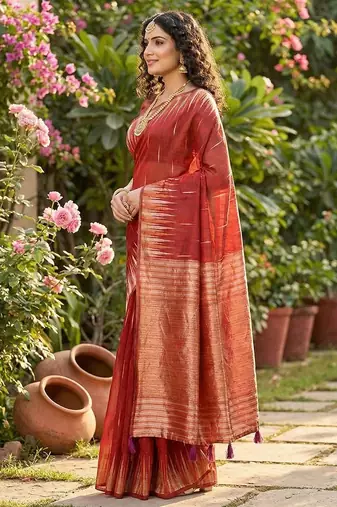 Red color temple border zari woven linen cotton saree