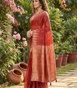 Red color temple border zari woven linen cotton saree