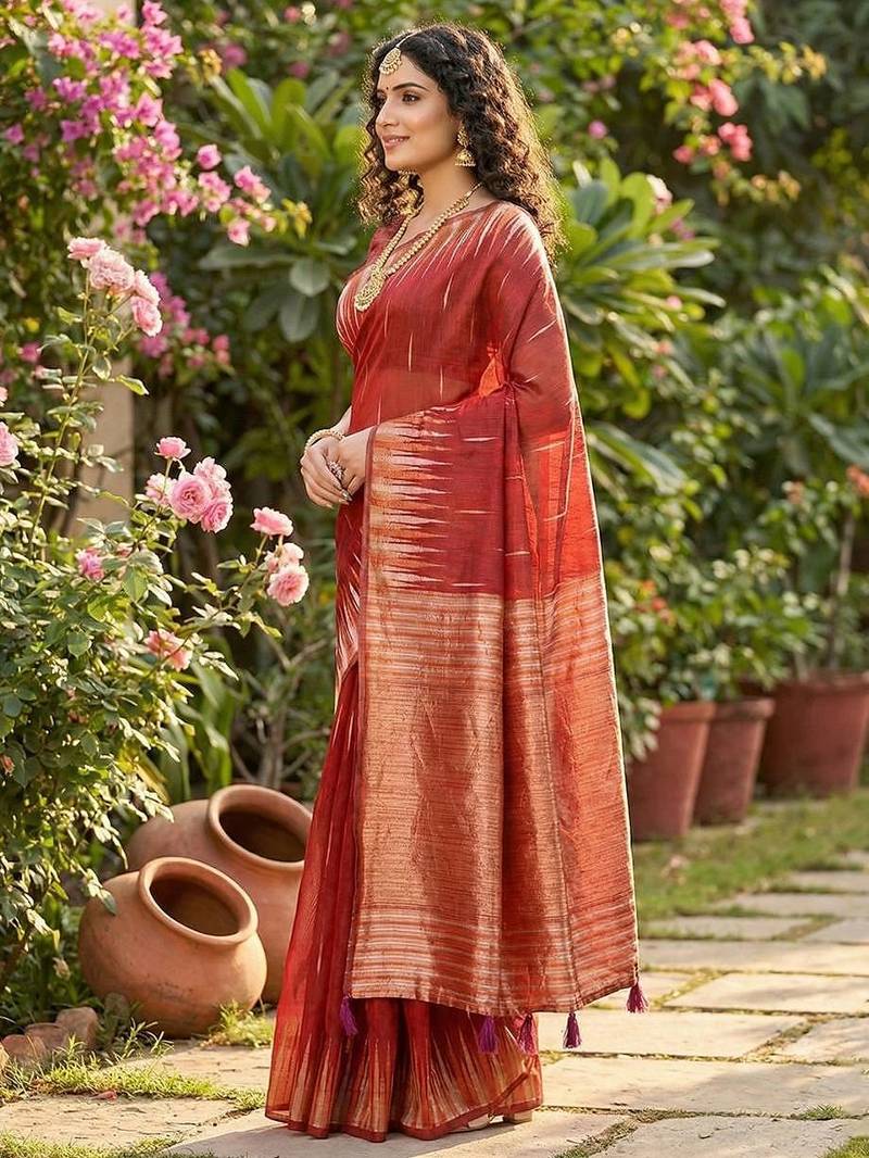 Red color temple border zari woven linen cotton saree