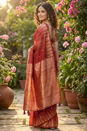Red color temple border zari woven linen cotton saree