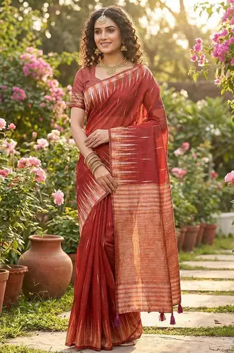 Red color temple border zari woven linen cotton saree