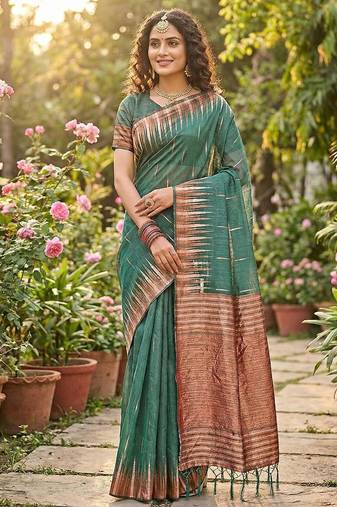 Green color temple border zari woven linen cotton saree