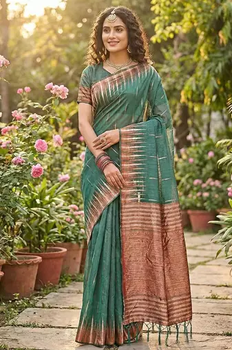 Green color temple border zari woven linen cotton saree