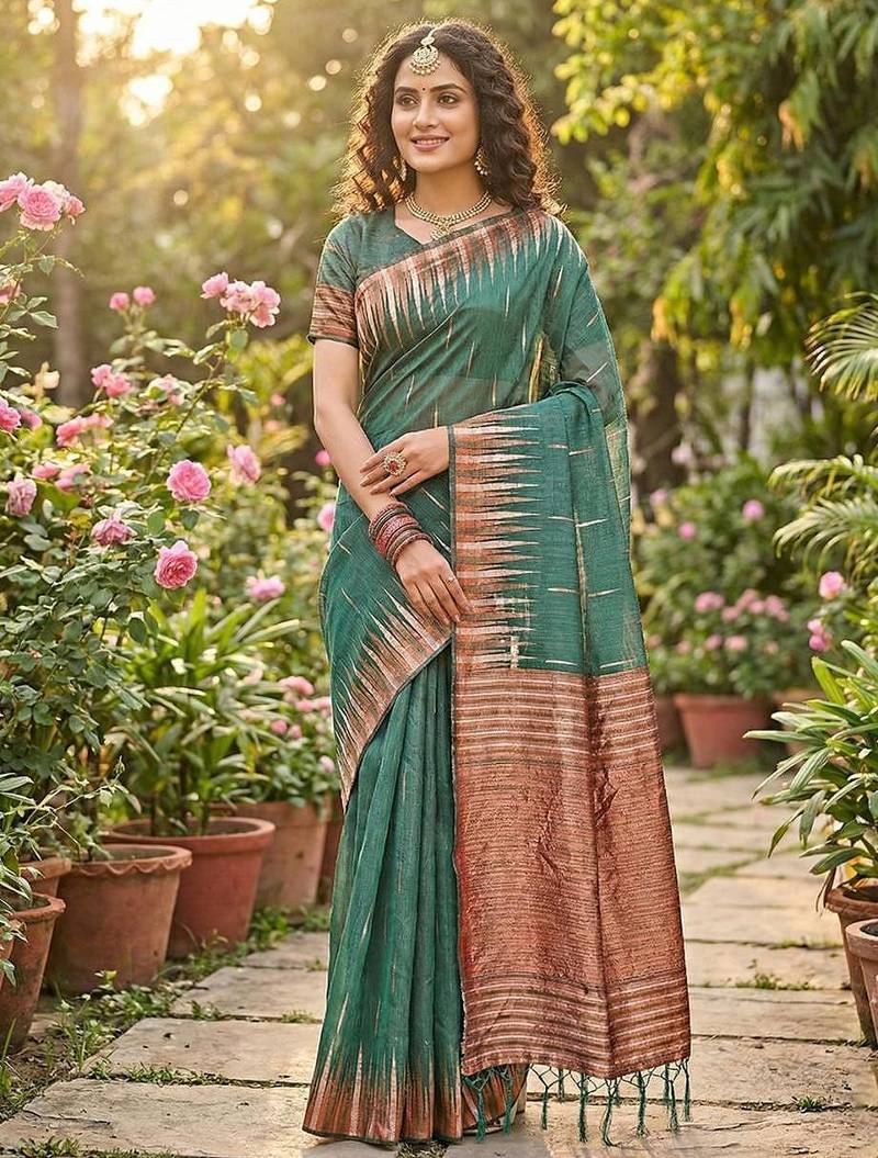 Green color temple border zari woven linen cotton saree