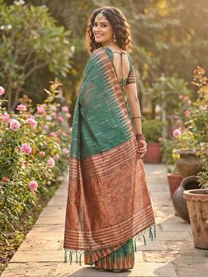 Green color temple border zari woven linen cotton saree 2