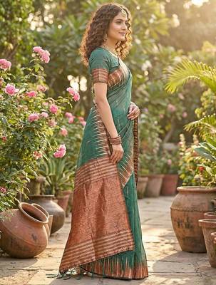Green color temple border zari woven linen cotton saree 3