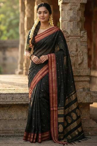 Black color soft silk zari woven women's beautiful saree with blouse