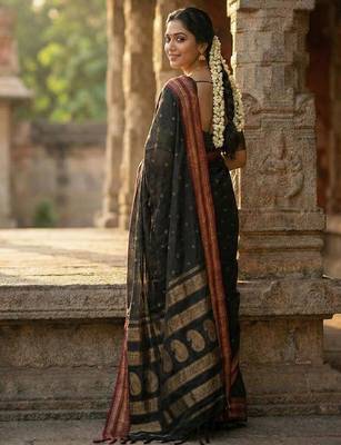 Black soft silk blend zari woven women's beautiful saree with blouse 3