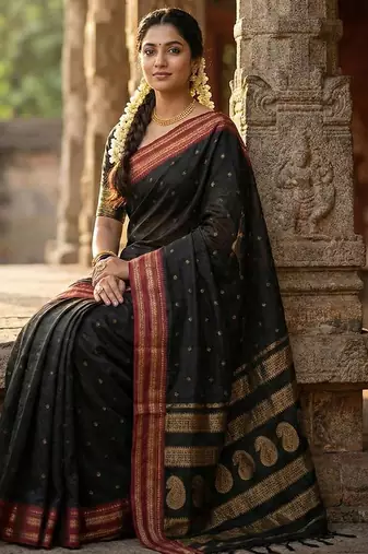 Black color soft silk blend zari woven women's beautiful saree with blouse