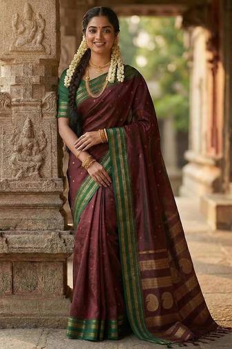 Maroon color soft silk zari woven women's beautiful saree with blouse