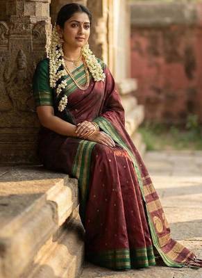 Maroon color soft silk blend zari woven women's beautiful saree with blouse 4