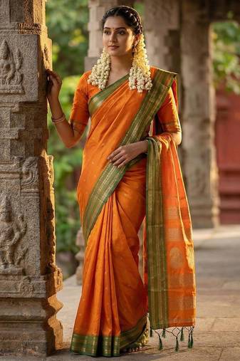 Musturd color soft silk zari woven women's beautiful saree with blouse