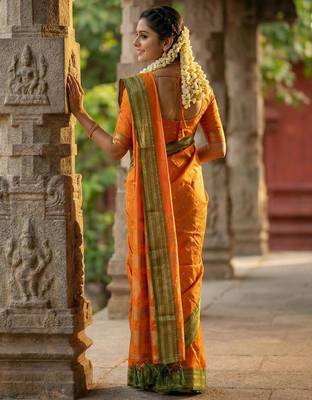 Musturd color soft silk blend zari woven women's beautiful saree with blouse 3
