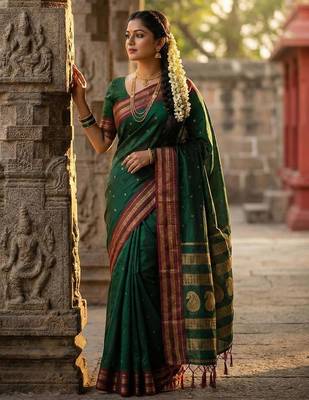 Green color soft silk blend zari woven women's beautiful saree with blouse 1