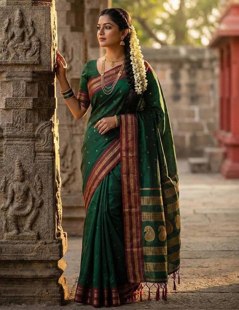 Green color soft silk zari woven women's beautiful saree with blouse