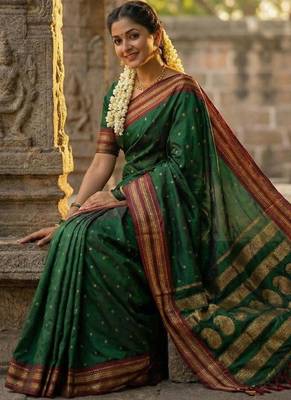 Green color soft silk blend zari woven women's beautiful saree with blouse 2