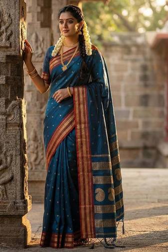 Teal color soft silk zari woven women's beautiful saree with blouse