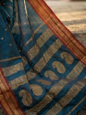 Teal color soft silk blend zari woven women's beautiful saree with blouse 2