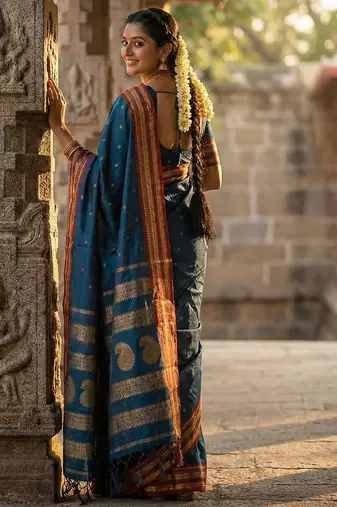 Teal color soft silk blend zari woven women's beautiful saree with blouse