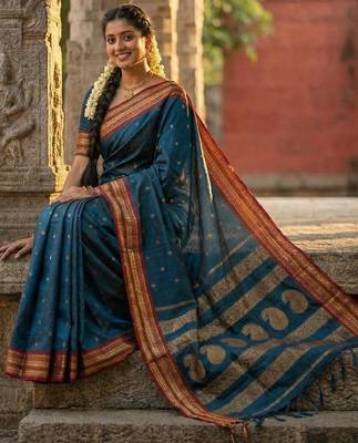 Teal color soft silk blend zari woven women's beautiful saree with blouse 4