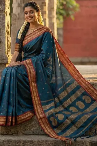 Teal color soft silk blend zari woven women's beautiful saree with blouse