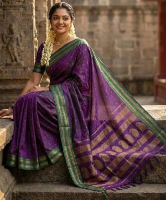 Purple color soft silk blend zari woven women's beautiful saree with blouse 3