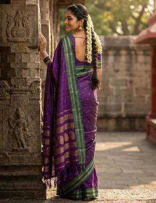 Purple color soft silk blend zari woven women's beautiful saree with blouse 4