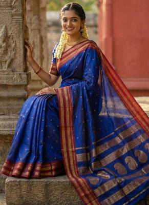 Blue color soft silk blend zari woven women's beautiful saree with blouse 3