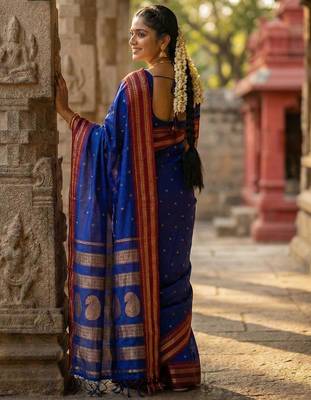 Blue color soft silk blend zari woven women's beautiful saree with blouse 4